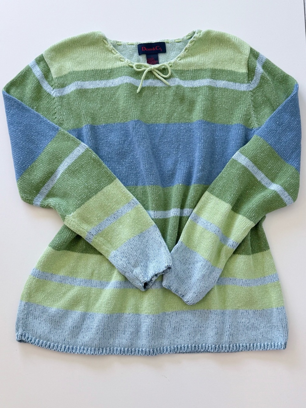 Vintage Y2K Denim & Co. Striped Knit Sweater Green Blue Front Tie Ramie Cotton L